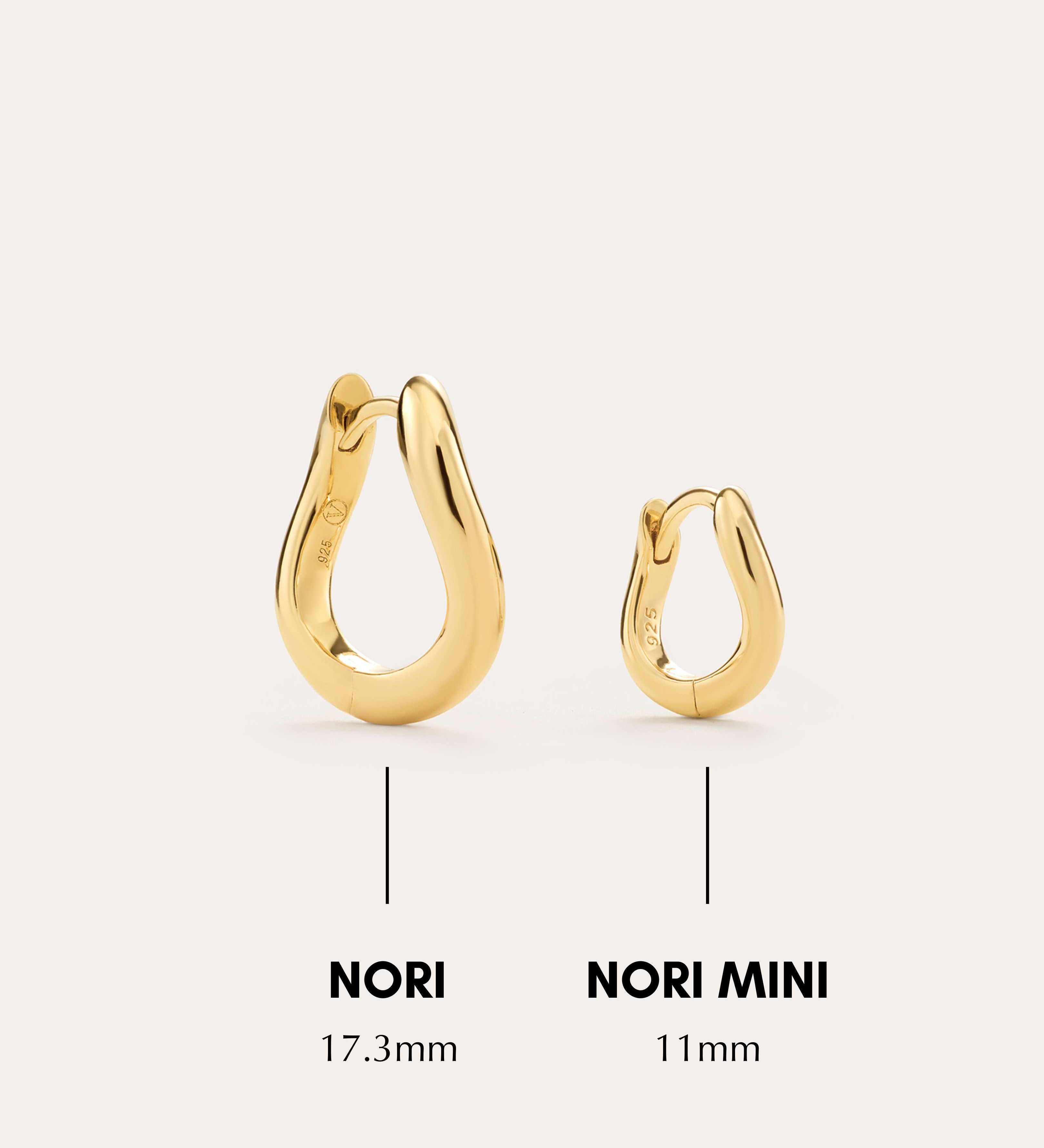 Two minimalist hoop earrings displayed side by side on a neutral background; the left is NORI (17.3mm), and the right is Nori Mini Twisted Huggies in Gold (11mm)—perfect gold-plated huggies for everyday style.