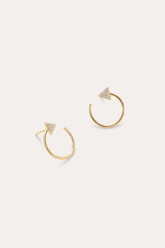 The Reneé Triangle Linear Hoop Stud Earrings in Gold feature a bold triangle design adorned with clear stones, making them the perfect choice for fans of unique gold earrings. Displayed on a simple light background.