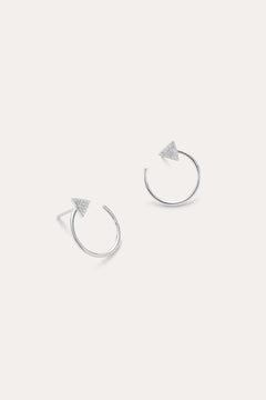 Reneé Triangle Linear Hoop Stud Earrings in Silver feature small textured triangles at the ends of sleek hoops, shown on a plain light background.