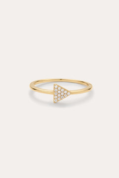 Gold ring with a triangle-shaped gemstone on a white background