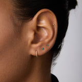 A close-up of an ear with four piercings displays small sustainable gold earrings, turquoise studs, and a 14K Recycled Solid Yellow Gold Rope Huggie Earring. The person has dark hair pulled back and wears a black top.