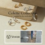 A display of the Colette Droop Link Huggie Earrings in Silver on beige blocks with the text Colette Collection: Inspired by the overlooked. Below is the Vanchi logo and a cropped photo of someone walking on a sidewalk.