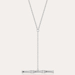 The Bamboo Chain Y-Bar Lariat Necklace in Silver features a delicate vertical chain drop ending with a polished horizontal bar, set against a simple light background.