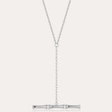 The Bamboo Chain Y-Bar Lariat Necklace in Silver features a delicate vertical chain drop ending with a polished horizontal bar, set against a simple light background.