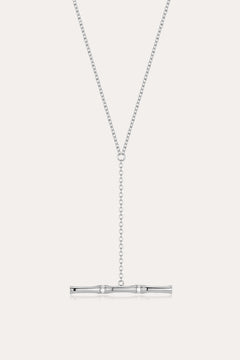 The Bamboo Chain Y-Bar Lariat Necklace in Silver features a delicate vertical chain drop ending with a polished horizontal bar, set against a simple light background.