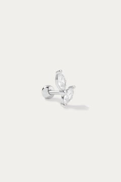 The Flora Barbell Stud in Silver showcases two marquise cubic zirconia gems in a V-shape design, displayed on a white background.