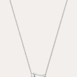 Silver necklace with a curved pendant on a light gray background