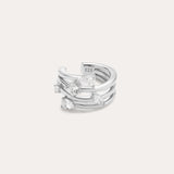 The Vale Crystal Ear Cuff in Silver features three parallel bands accented with five clear, uniquely shaped gemstones, shown against a light background.