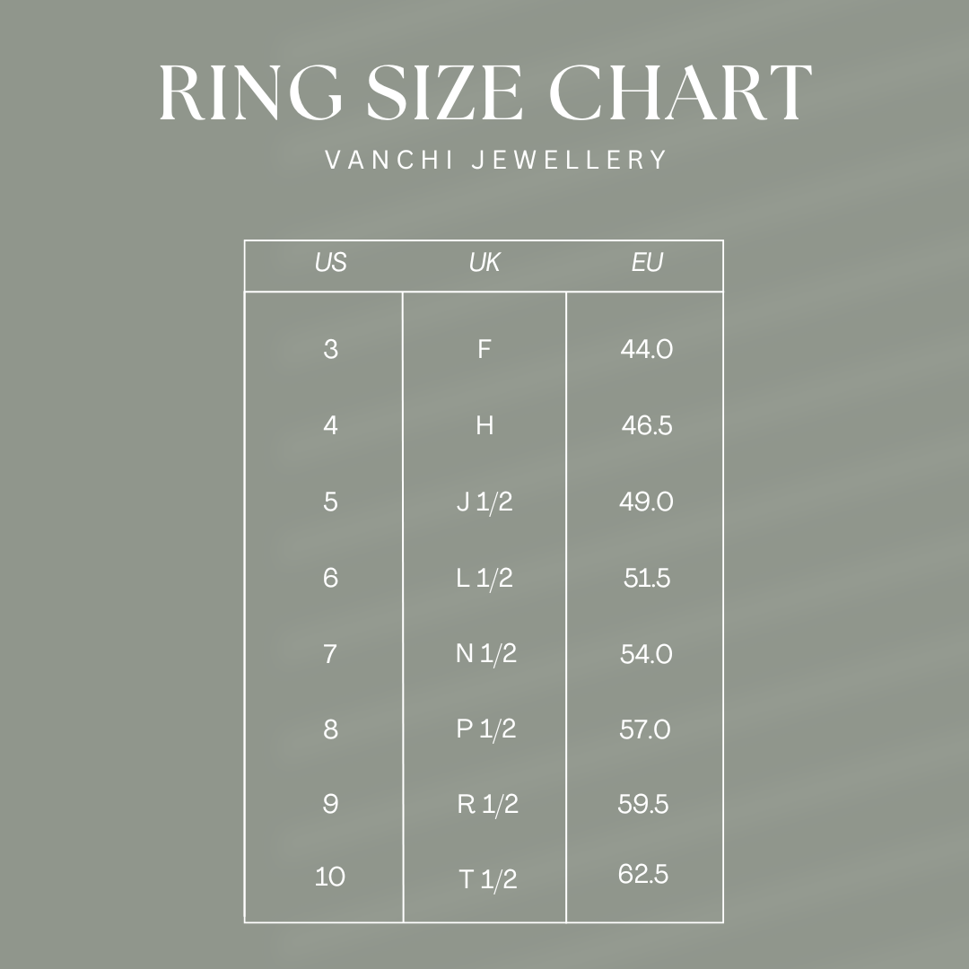 Ring size chart for Noor Pavé Triple Band Ring in Gold by Vanchi Jewellery, showing US, UK, and EU sizes 3–10 on a green background—perfect for finding your ideal fit.
