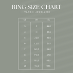 Ring size chart for Noor Pavé Triple Band Ring in Gold by Vanchi Jewellery, showing US, UK, and EU sizes 3–10 on a green background—perfect for finding your ideal fit.