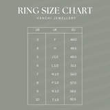 Ring size chart for Noor Pavé Triple Band Ring in Gold by Vanchi Jewellery, showing US, UK, and EU sizes 3–10 on a green background—perfect for finding your ideal fit.