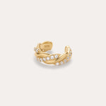 The Vera Twisted Crystal Ear Cuff in Gold, featuring two intertwined rows of small clear crystals and a “925” stamp inside the band, is shown against a plain light background.
