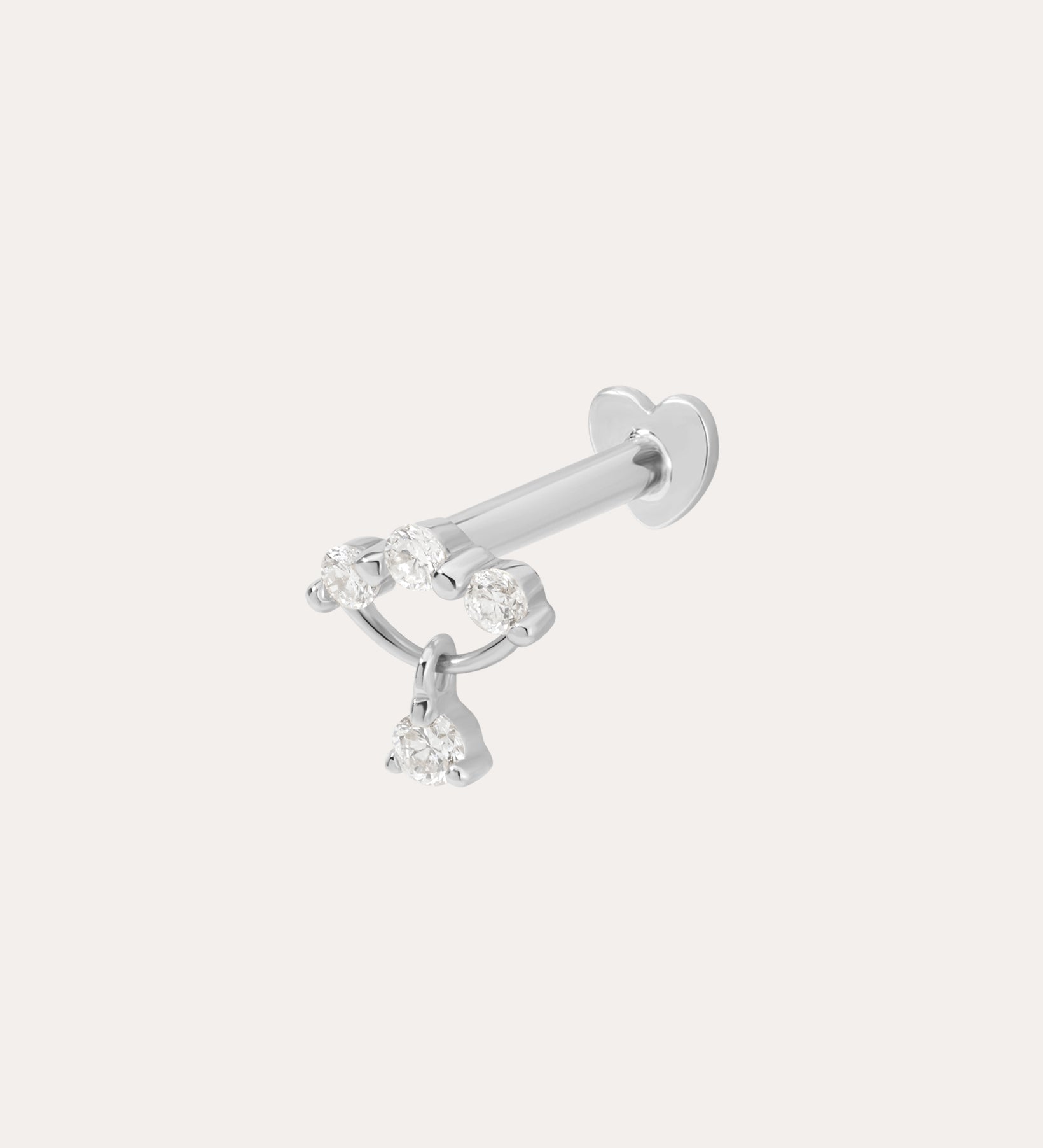 The 14K Solid White Gold Freda Lab-grown Diamond Flat Back Stud features three lab-grown diamonds in a row with a single dangling stone set in a triangle, shown against a plain white background.