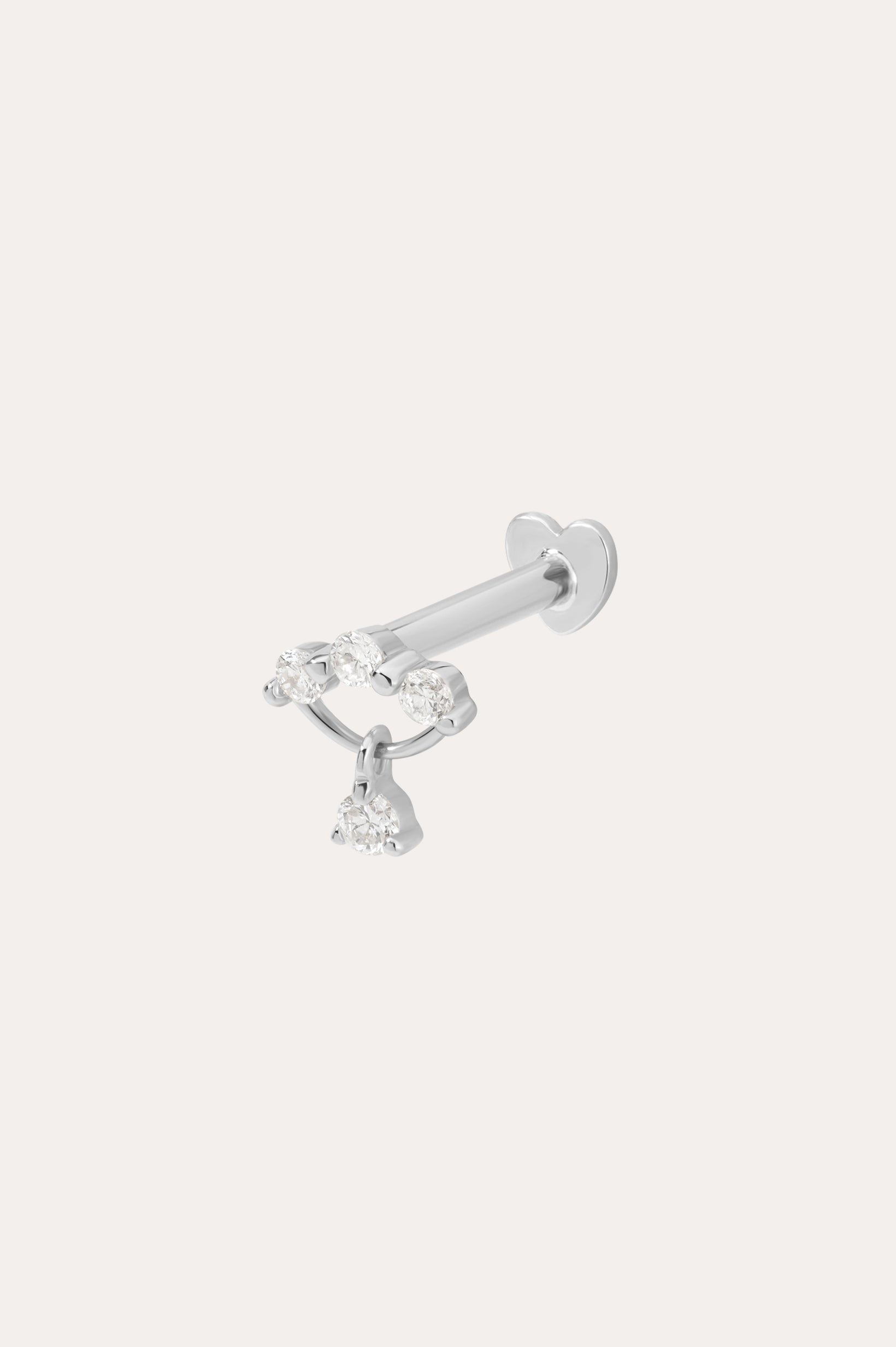 The 14K Solid White Gold Freda Lab-grown Diamond Flat Back Stud features three lab-grown diamonds in a row with a single dangling stone set in a triangle, shown against a plain white background.