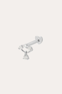 The 14K Solid White Gold Freda Lab-grown Diamond Flat Back Stud features three lab-grown diamonds in a row with a single dangling stone set in a triangle, shown against a plain white background.