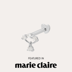 The 14K Solid White Gold Freda Lab-grown Diamond Flat Back Stud, featuring multiple sparkling stones, is displayed above the text “Featured in marie claire” on a light background.