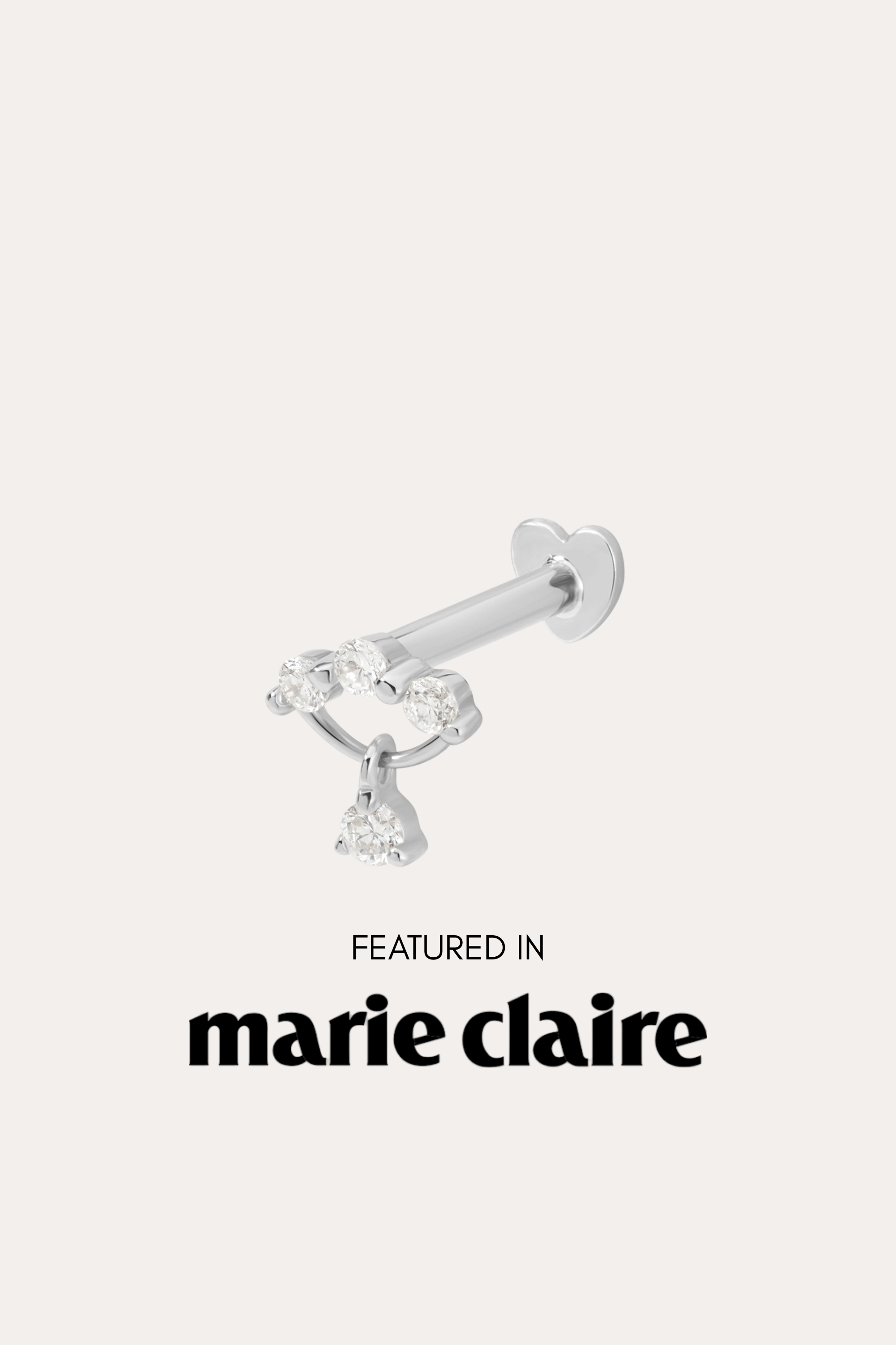The 14K Solid White Gold Freda Lab-grown Diamond Flat Back Stud, featuring multiple sparkling stones, is displayed above the text “Featured in marie claire” on a light background.