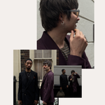 Two stylish men pose in tailored blazers; one wears a plum suit with sunglasses and Nori Twisted Hoop Earrings in Silver, the other sports a black blazer with a pocket square. Text reads: SPOTTED ON: WOLF & BADGER TRENDING.