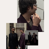 Two stylish men pose in tailored blazers; one wears a plum suit with sunglasses and Nori Twisted Hoop Earrings in Silver, the other sports a black blazer with a pocket square. Text reads: SPOTTED ON: WOLF & BADGER TRENDING.