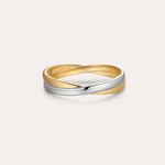 The Yvette Two-Tone Mixed Metal Ring features intertwined bands of gold and silver, showcased against a plain, light background.